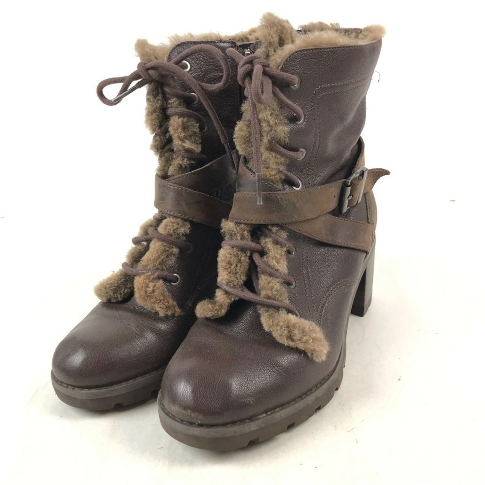 UGG Ingrid Stout Brown Leather Sheepskin Chunky Block Heel Boots Size 7.5 GUC - Picture 2 of 9